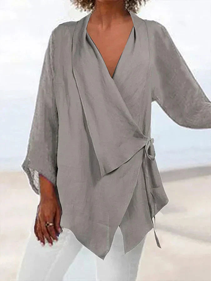 Baumwoll-Leinen Wickelbluse mit Schleife für Damen –Nina
