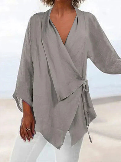 Baumwoll-Leinen Wickelbluse mit Schleife für Damen –Nina