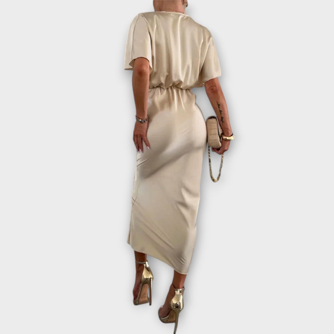 Sable - V-Ausschnitt Maxikleid mit Kreuzknoten und figurbetonter Passform aus hochwertigem Satin