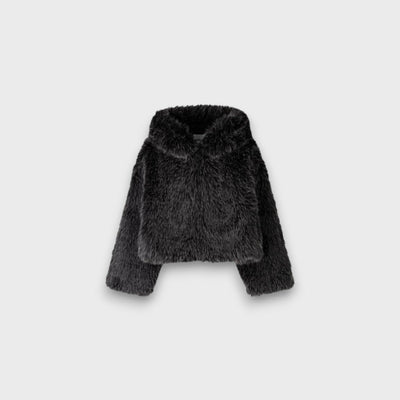 Leyana – Oversize-Faux-Fur-Jacke mit Kapuze in Rauchgrau
