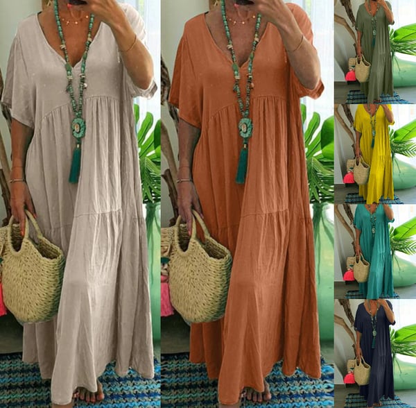 Ziva |  Lässiges langes Kleid mit kurzen Ärmeln für Damen