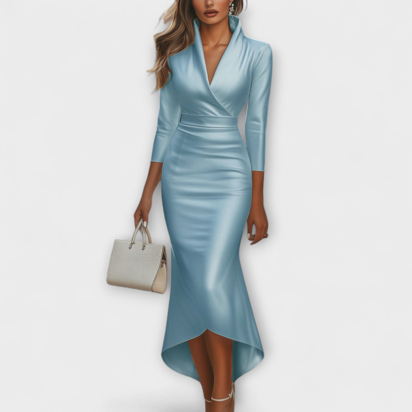 Rebecca - Elegantes weißes Satin-Midi-Kleid mit V-Ausschnitt