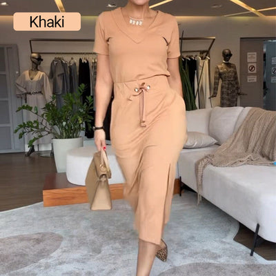 Sam | Damen V-Ausschnitt T-Shirt und Midirock-Set👗