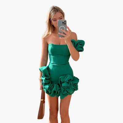 Elegantes Satin-Rüschendress für Frauen - Einseitig Schulterfrei