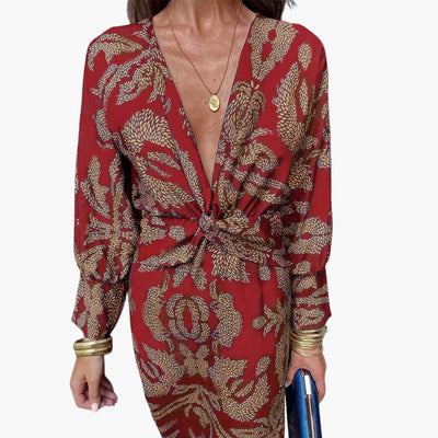 Midikleid für Damen - Blumenmuster, Langarm & V-Ausschnitt