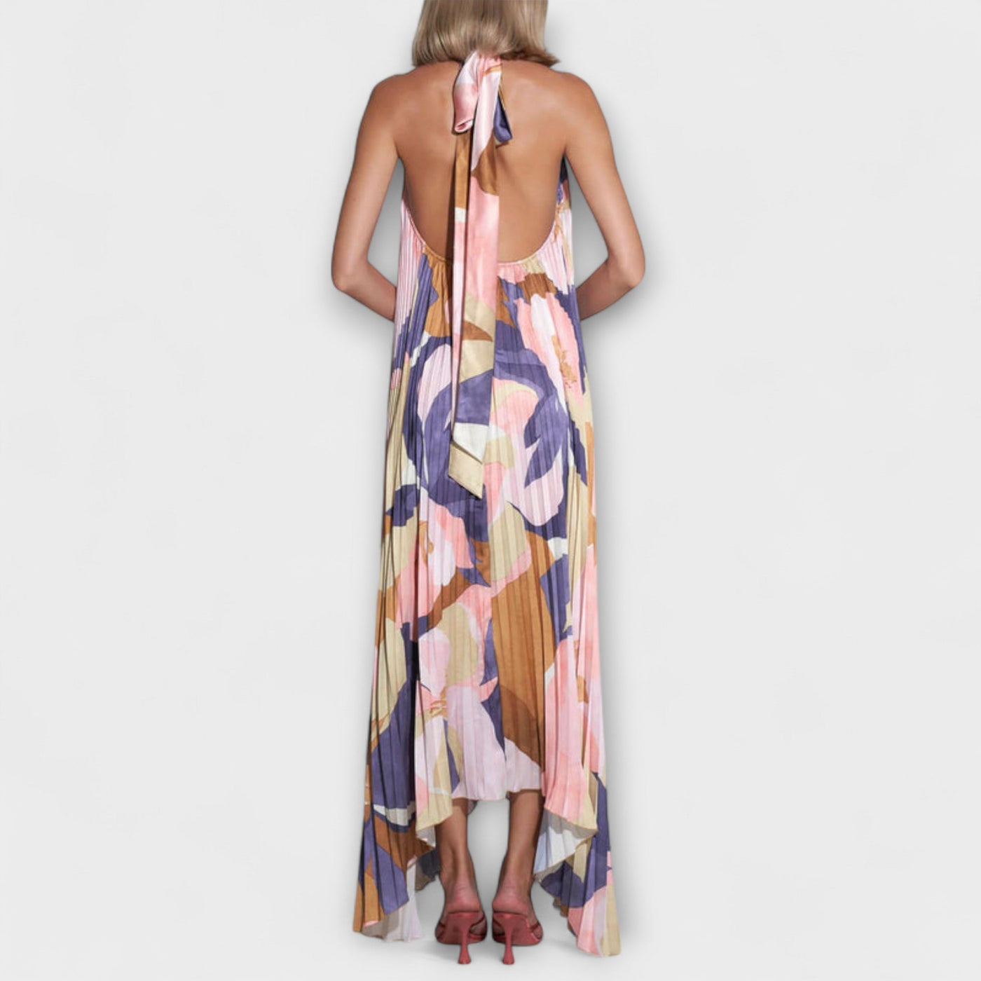 Vida - Schickes Plissiertes Halterneck Rückenfreies Midi-Kleid mit Trägerdesign