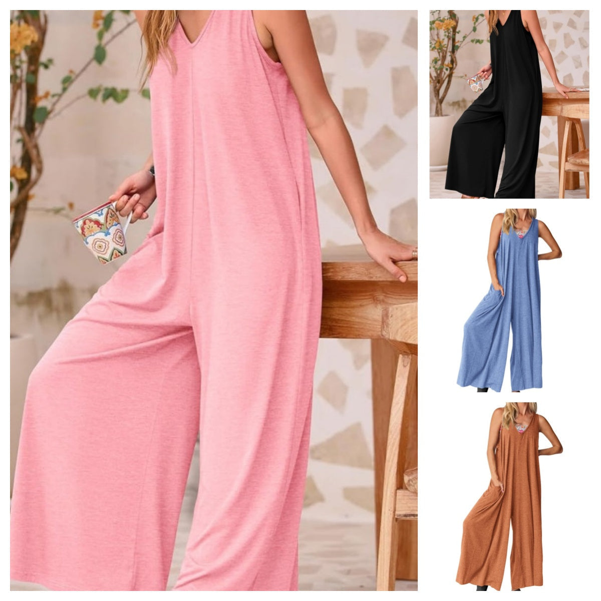 Heaven | Damen Casual V-Ausschnitt ärmellose Weitbein-Jumpsuit