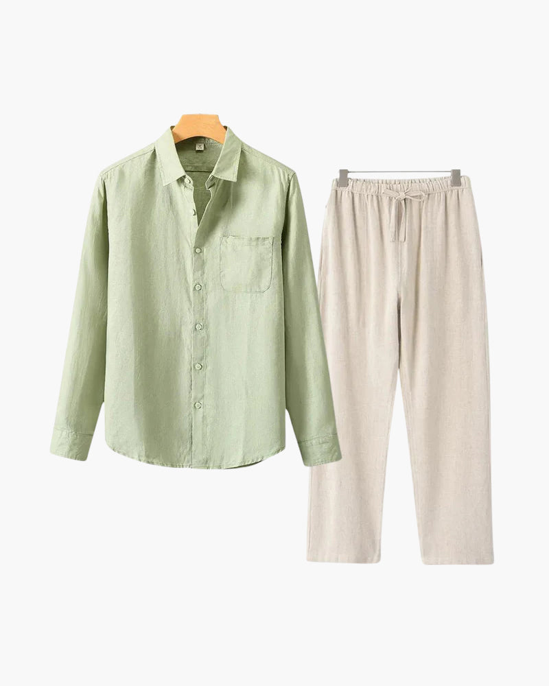 Christopher | Lange Ärmel Hemd & Hose Zweiteiliges Leinen-Set Herren-Sommer-Outfit