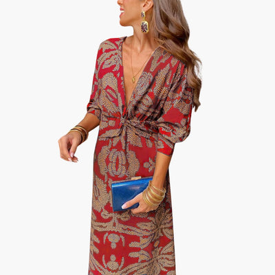 Midikleid für Damen - Blumenmuster, Langarm & V-Ausschnitt