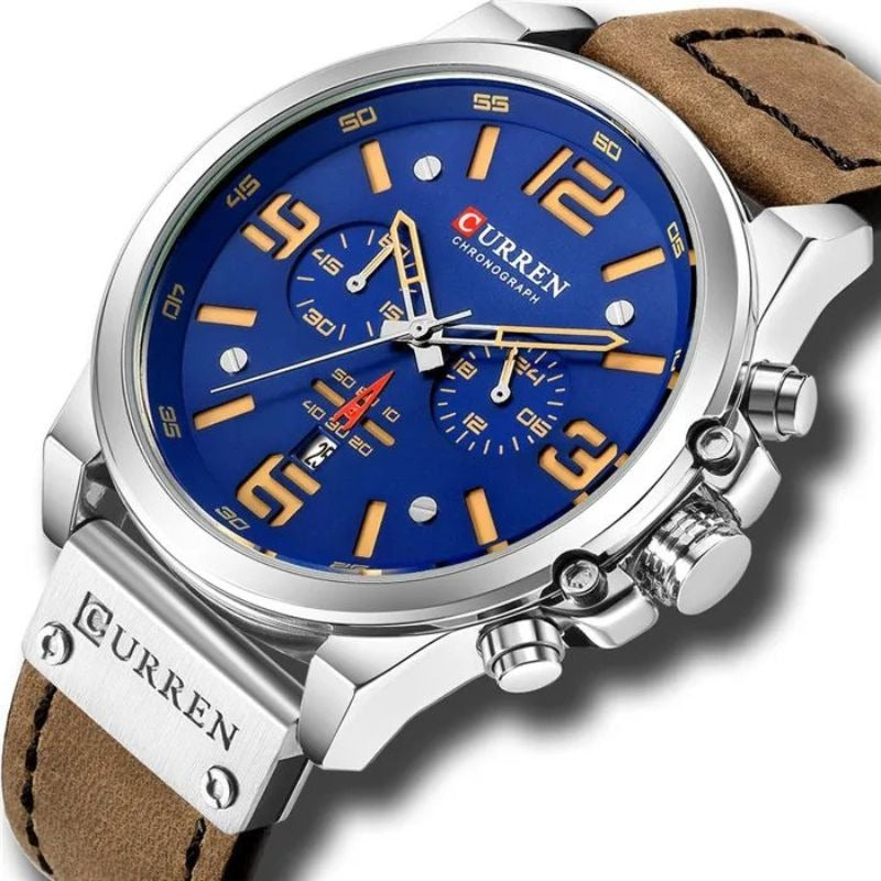 Elegante Herren Quarzuhr Mit Chronograph, Lederarmband, 3ATM Wasserdicht, Schockresistent