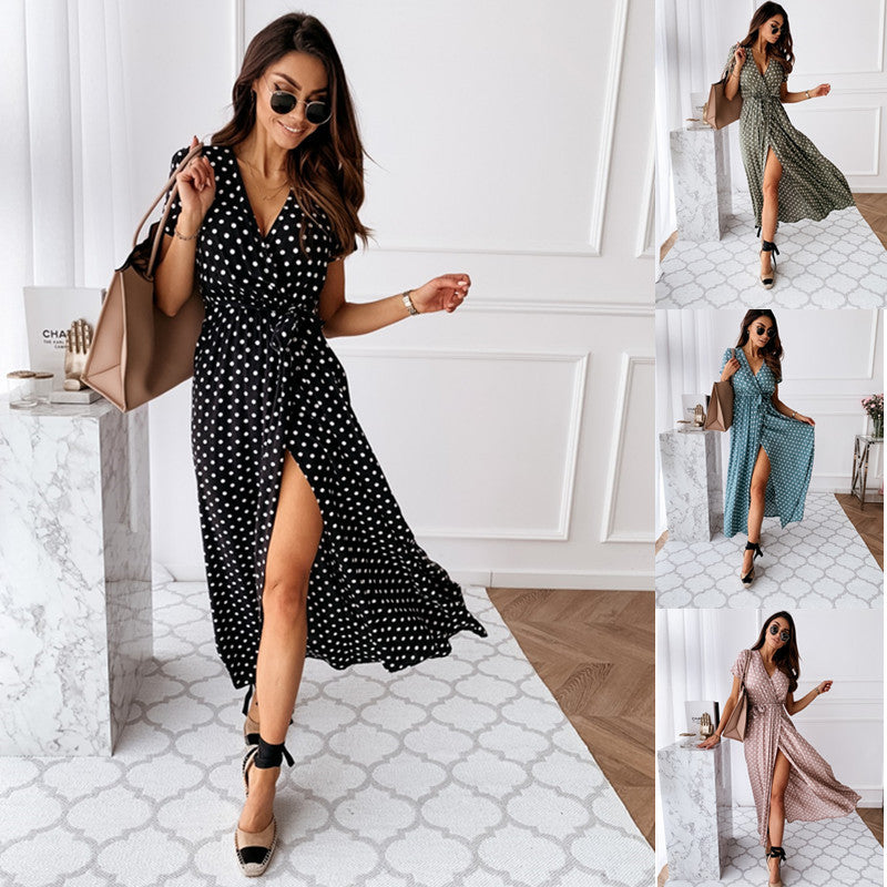 Damen Maxikleid mit Wickeloptik, höchstem Komfort und elegantem Polka-Dots-Design Fudus