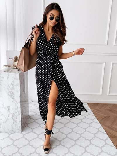 Damen Maxikleid mit Wickeloptik, höchstem Komfort und elegantem Polka-Dots-Design Fudus
