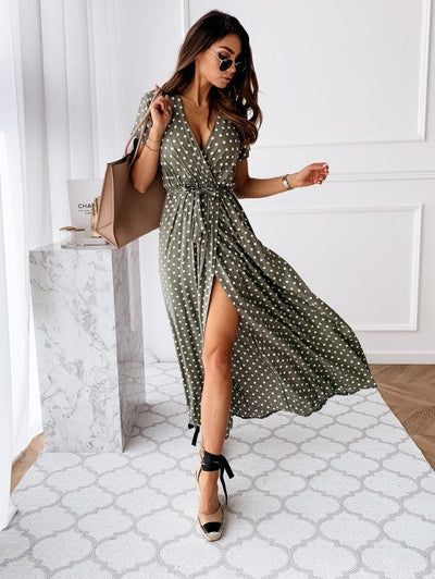 Damen Maxikleid mit Wickeloptik, höchstem Komfort und elegantem Polka-Dots-Design Fudus