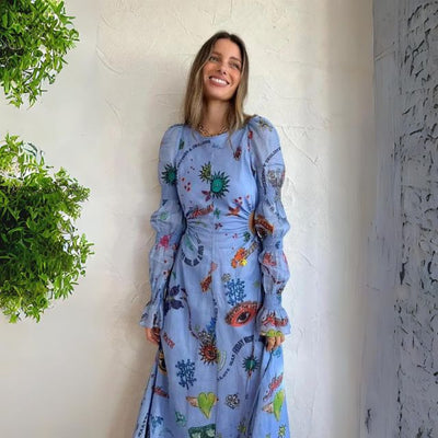 Langärmeliges Maxikleid mit eklektischem Druck | Clara