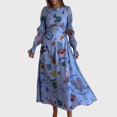 Langärmeliges Maxikleid mit eklektischem Druck | Clara