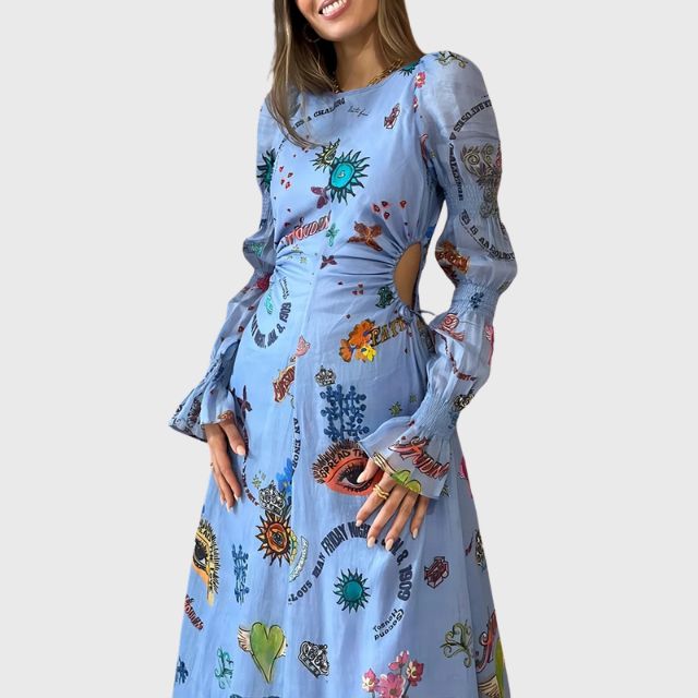 Langärmeliges Maxikleid mit eklektischem Druck | Clara