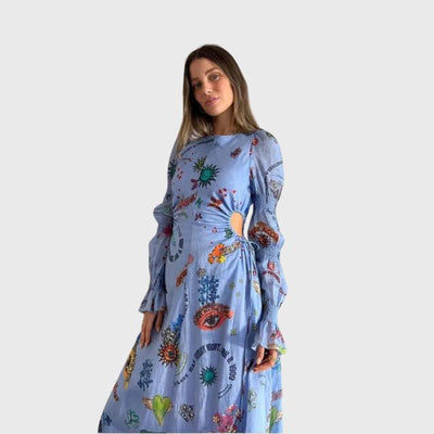 Langärmeliges Maxikleid mit eklektischem Druck | Clara