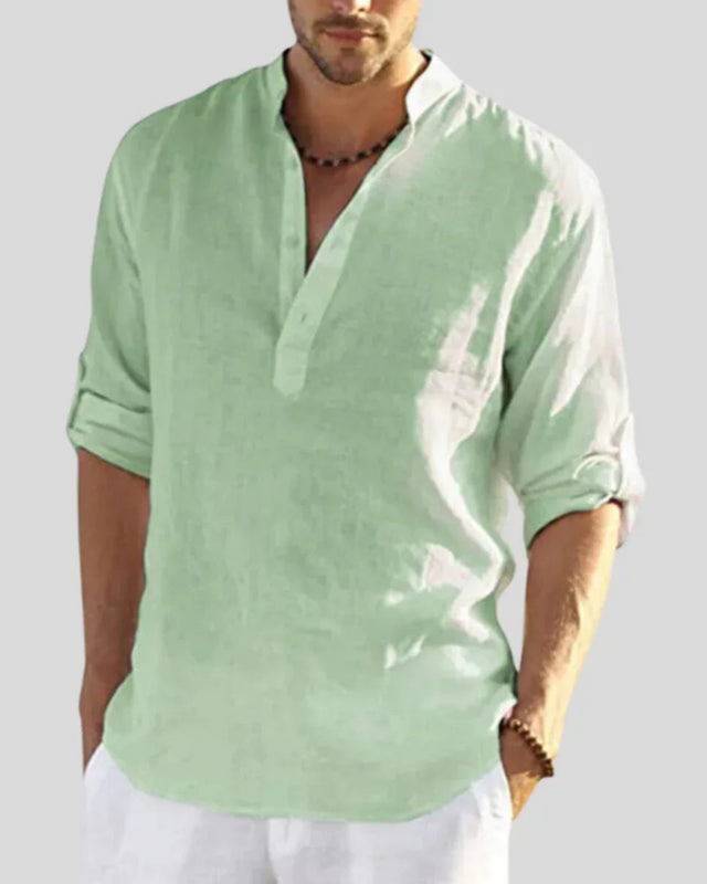 Herren Langarmhemd mit Stehkragen | Lockeres Freizeithemd mit Knöpfen