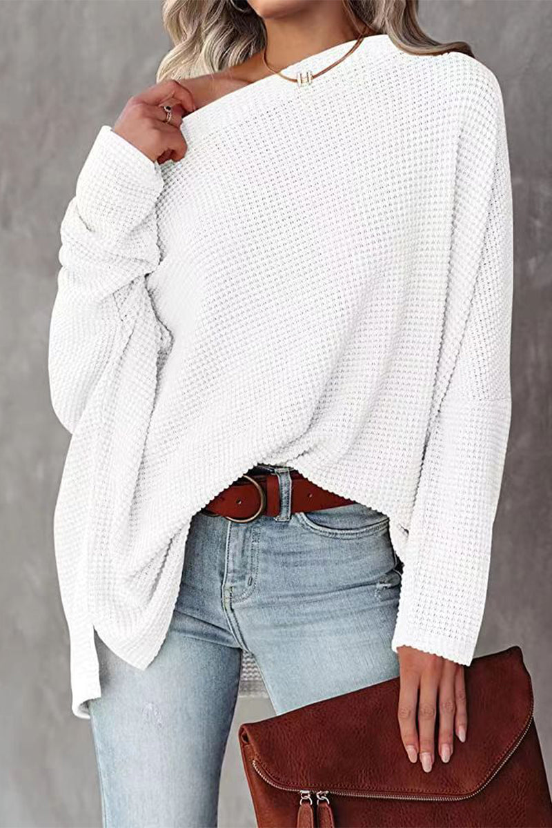 Off-Shoulder Waffelstrick-Pullover für Damen
