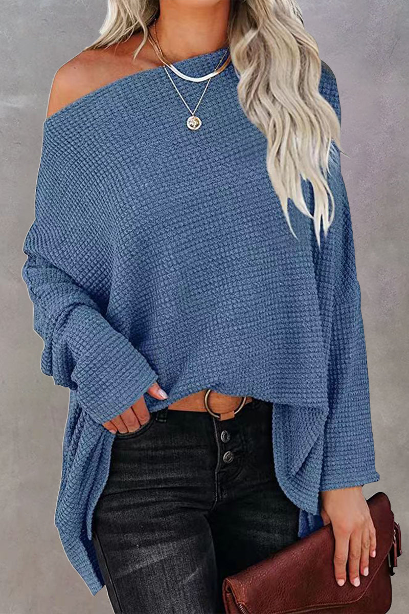 Off-Shoulder Waffelstrick-Pullover für Damen