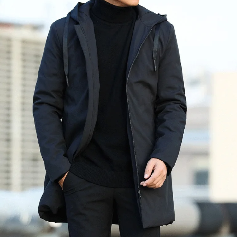 Polstox - Langer Wintermantel Herren – Leichter Steppmantel mit Kapuze und Futter