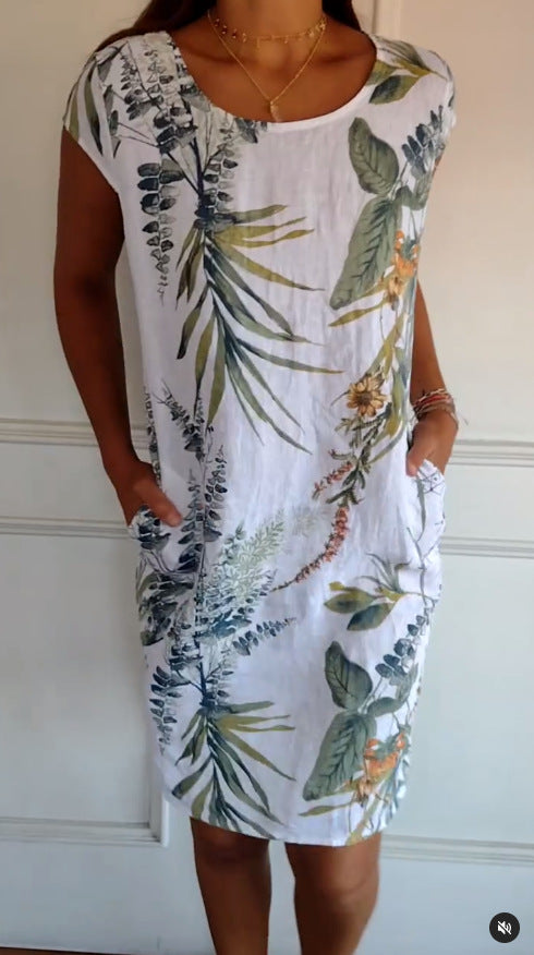 Kala | Damen-Baumwoll- und Leinenkleid mit Rundhalsausschnitt und Druck