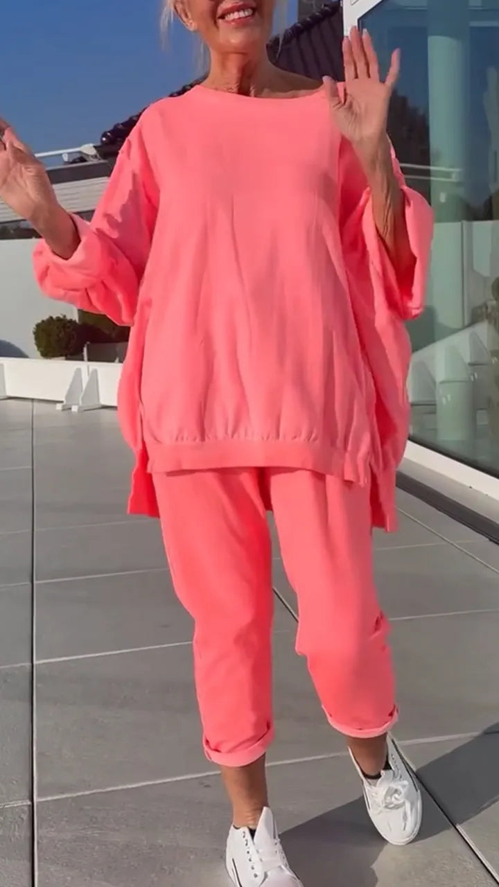 Brace | Runder Halsausschnitt Schlitz fluoreszierende Farbe Casual Anzug für Damen