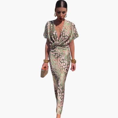 Damen knöchellanges Kleid mit V-Ausschnitt und geknotetem Front-Detail