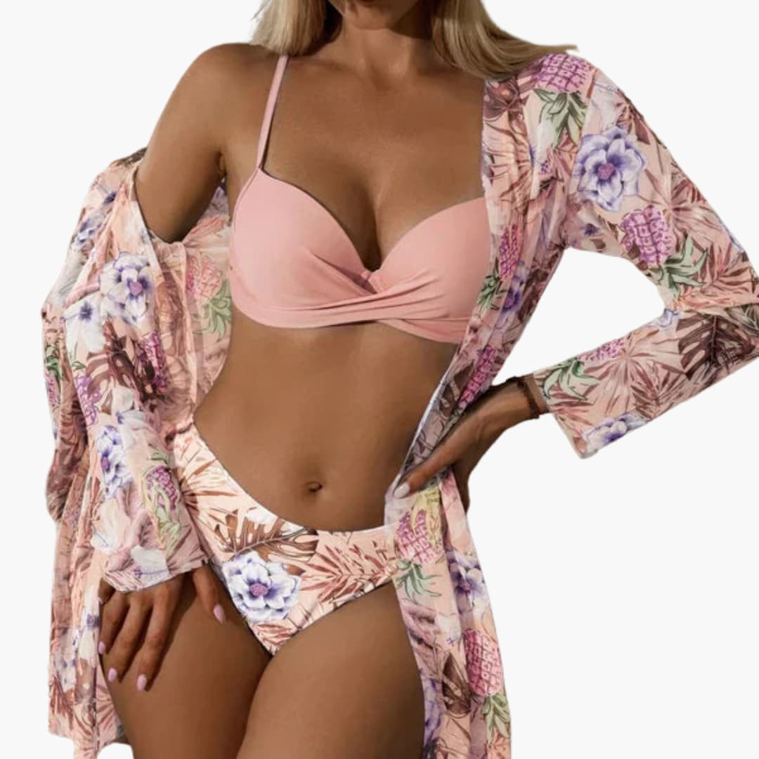 3-teiliges Damen-Bikini-Set - mit Kimono und High-Waist-Hose