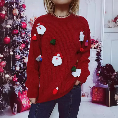 Pultran - Weihnachtspullover mit Weihnachtsmann-Applikationen und Strickoptik