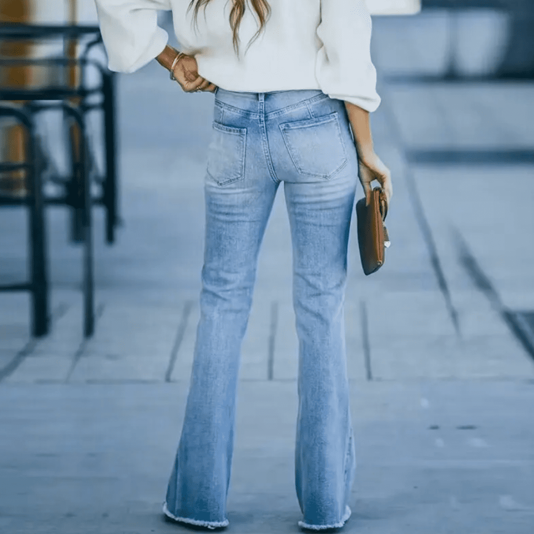 Boho-Chic Schlaghosen Damen – Hochdehnbare Stretch-Jeans im Hellen Vintage-Look von Fadenburg