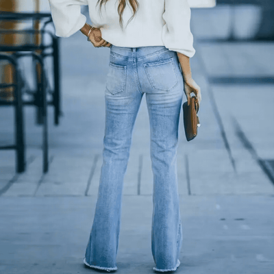 Boho-Chic Schlaghosen Damen – Hochdehnbare Stretch-Jeans im Hellen Vintage-Look von Fadenburg
