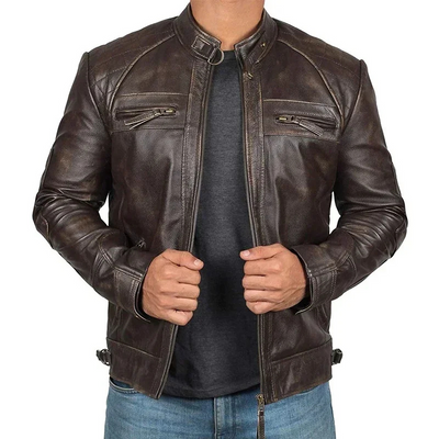 Arkhelt - Lederjacke Herren mit Reißverschlusstaschen, Robuste Bikerjacke