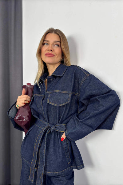 Damen-Denim-Set – Elegante Taillierte Jeansjacke mit Gürtel & Weite High-Waist Hose