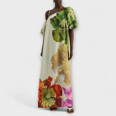 Skylar - Floral Print Maxi Dress with Asymmetrical Neckline and Puff Sleeves