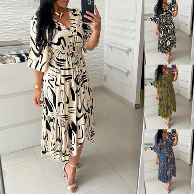 Kim | V-Ausschnitt tintenbedrucktes Kleid