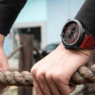 Elegante Herren Quarzuhr Mit Chronograph, Lederarmband, 3ATM Wasserdicht, Schockresistent