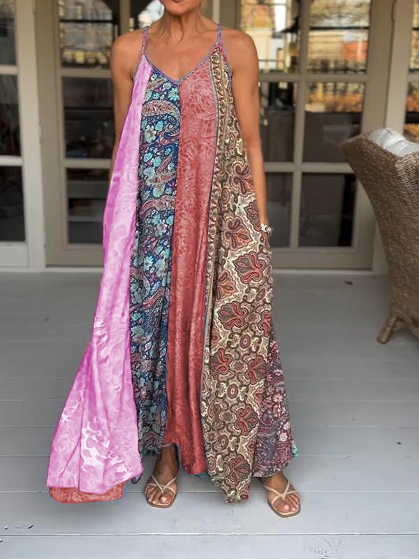 Catherine™ - Lässiges V-Ausschnitt Farbblock Druck Trägerkleid