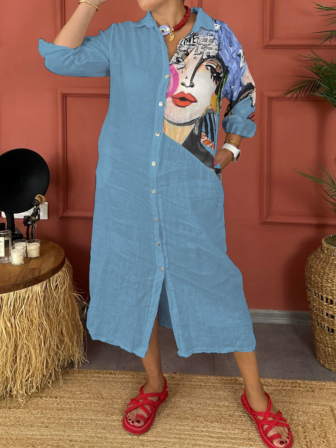 Langes Damenhemdkleid mit langen Ärmeln -  Emma