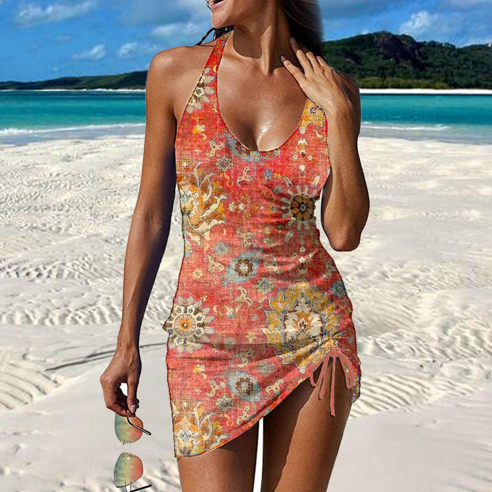 Orange Print Halter Bademode