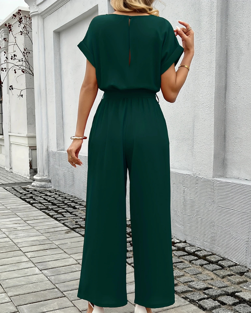 Damen Jumpsuit Mit Gürtel & Weitem Bein | Kurzarm