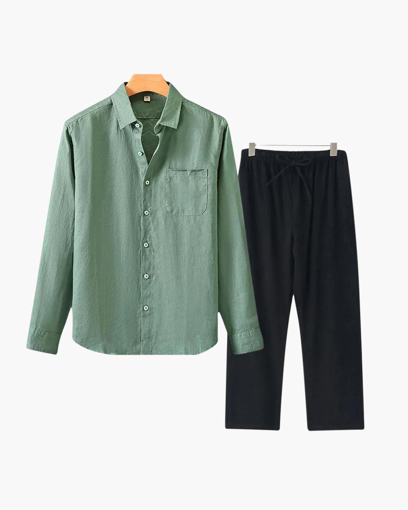 Christopher | Lange Ärmel Hemd & Hose Zweiteiliges Leinen-Set Herren-Sommer-Outfit