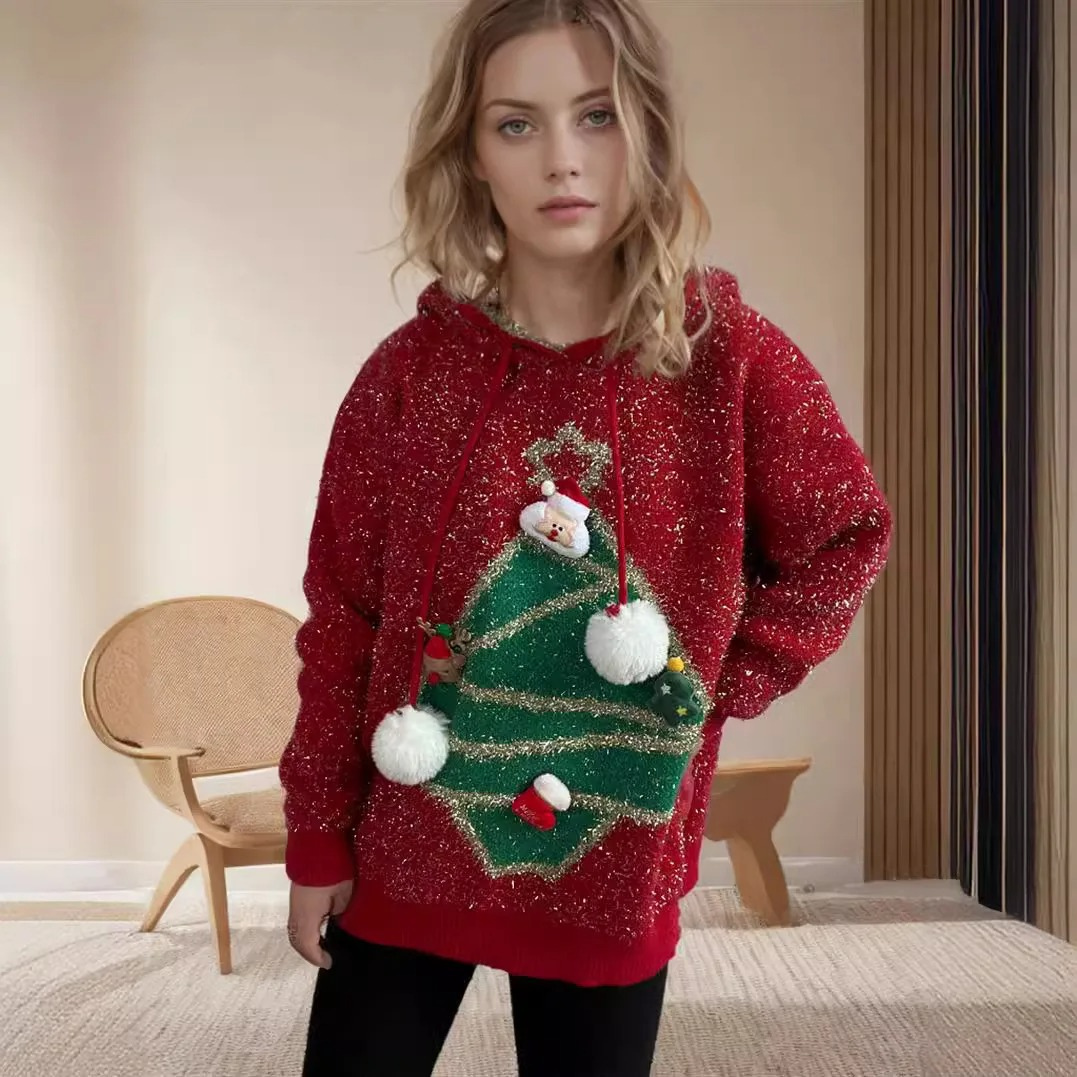 Kusluxx - Glitzernder Weihnachtspullover mit 3D-Weihnachtsbaum-Motiv