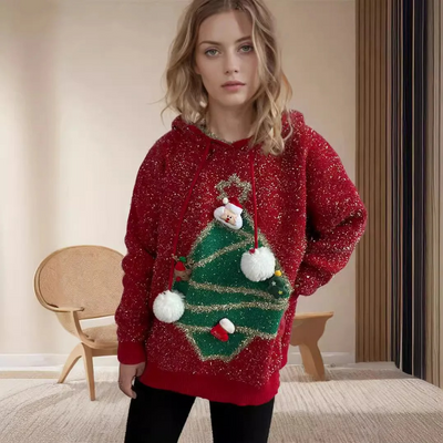 Kusluxx - Glitzernder Weihnachtspullover mit 3D-Weihnachtsbaum-Motiv