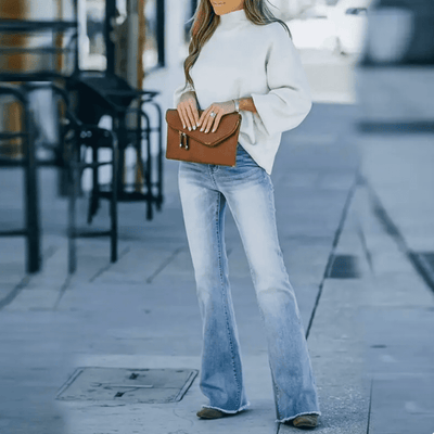 Boho-Chic Schlaghosen Damen – Hochdehnbare Stretch-Jeans im Hellen Vintage-Look von Fadenburg