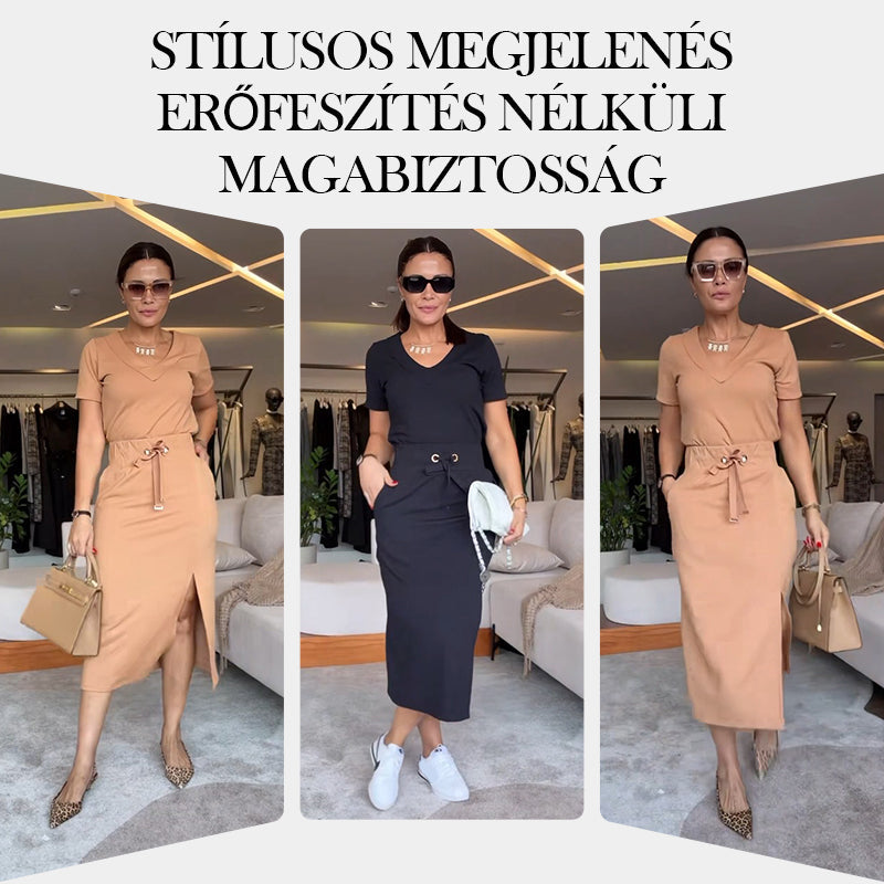 Sam | Damen V-Ausschnitt T-Shirt und Midirock-Set👗