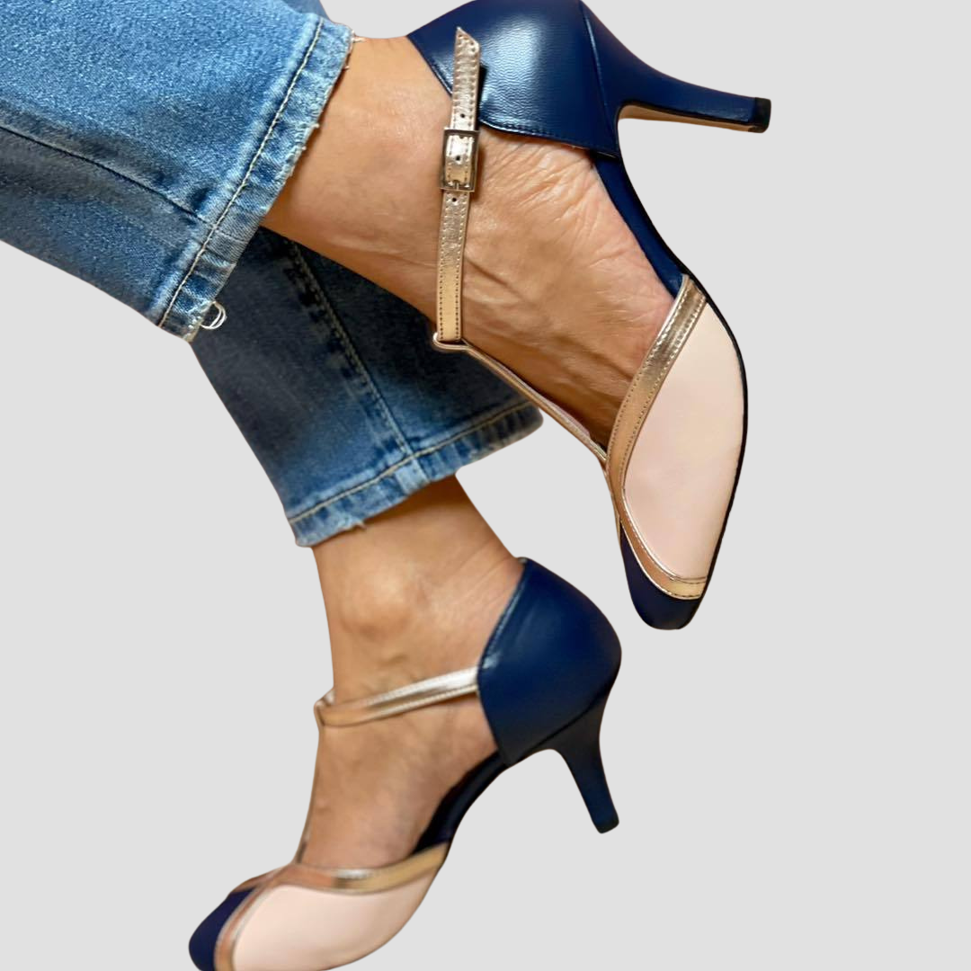 Fina™ Bicolor Sandalen Mit Absatz und Goldenen Details – Elegante Damen-Schuhe für Festliche Anlässe