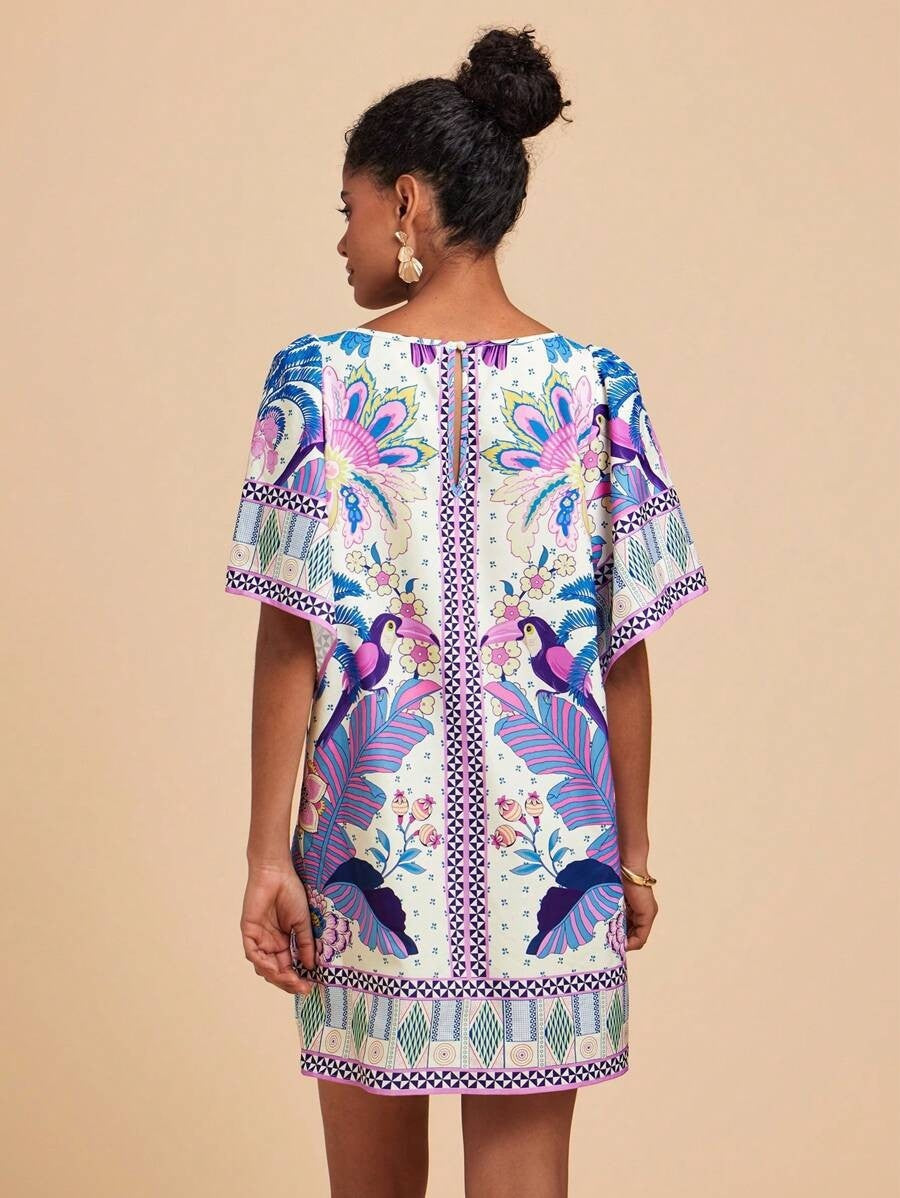 Lyra | Bedrucktes Kurzes Kleid mit Rundhalsausschnitt