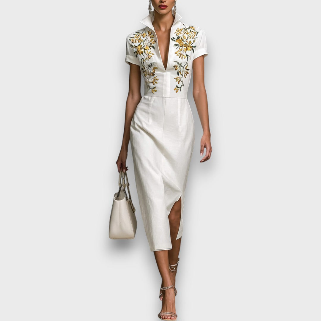 Evelora – Midi-Kleid mit Stickerei und V-Ausschnitt