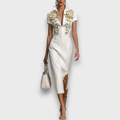 Evelora – Midi-Kleid mit Stickerei und V-Ausschnitt